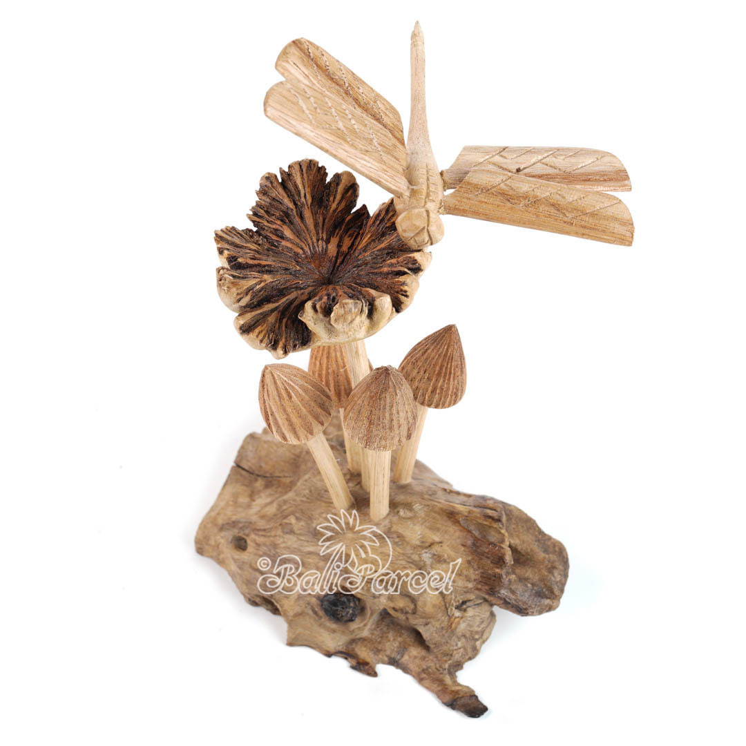 Wooden Dragonfly On Top Parasite With Mushrooms