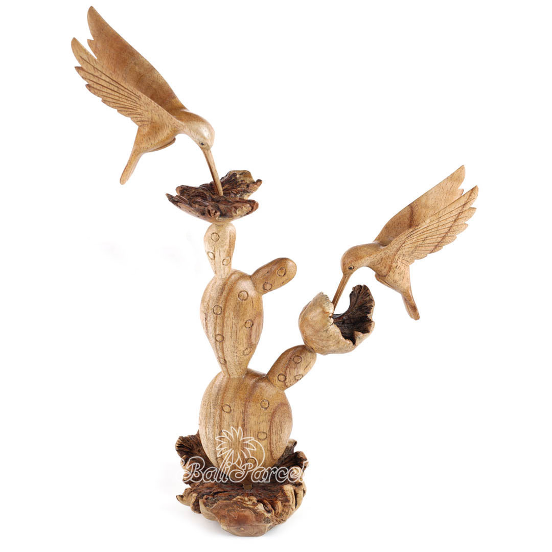 Wooden 2 Humming Bird On Cactus With Parasite Wood