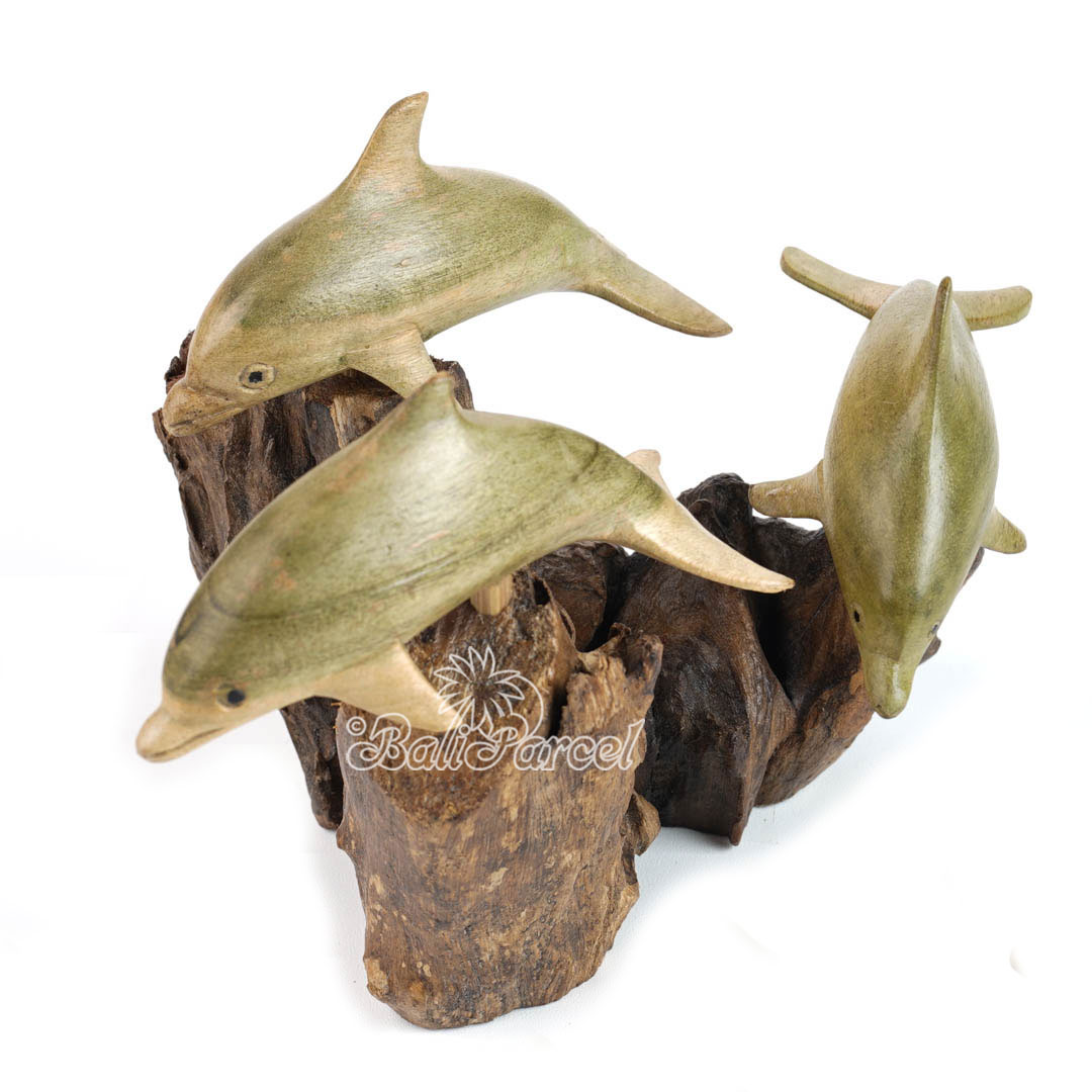 Wooden 3 Dolphins With Parasite Wood