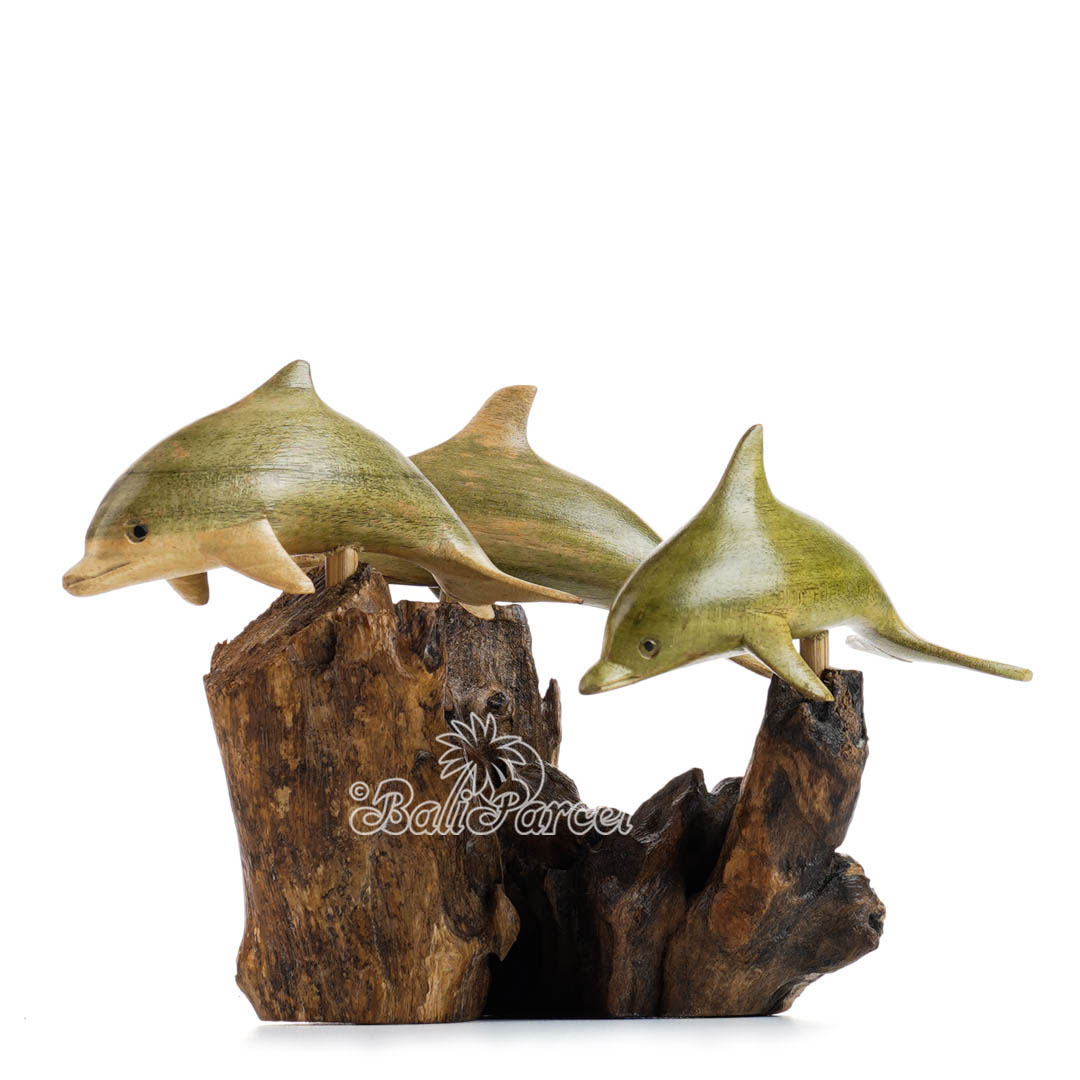 Wooden 3 Dolphins With Parasite Wood