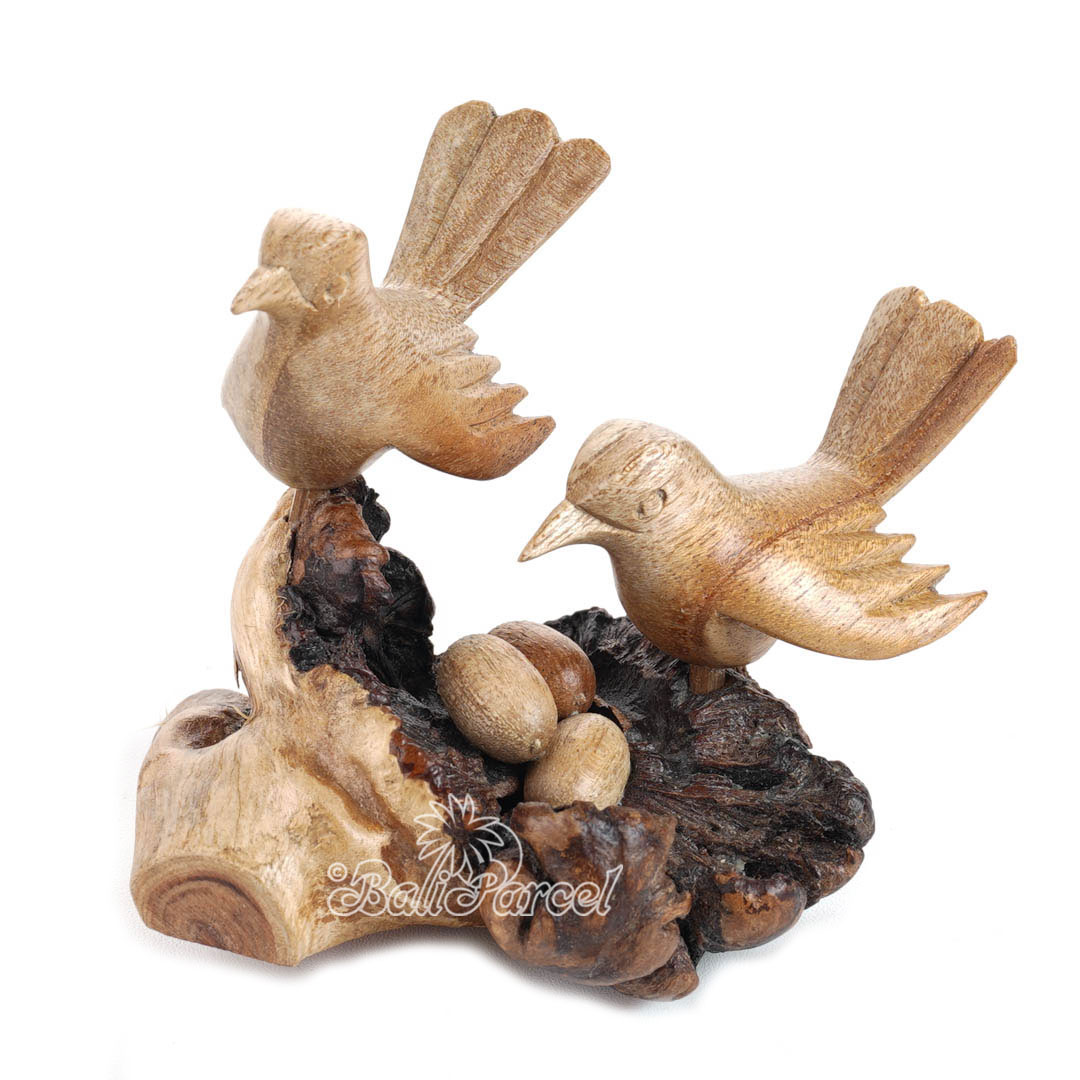Wooden 2 Canary Bird With Eggs Parasite Wood