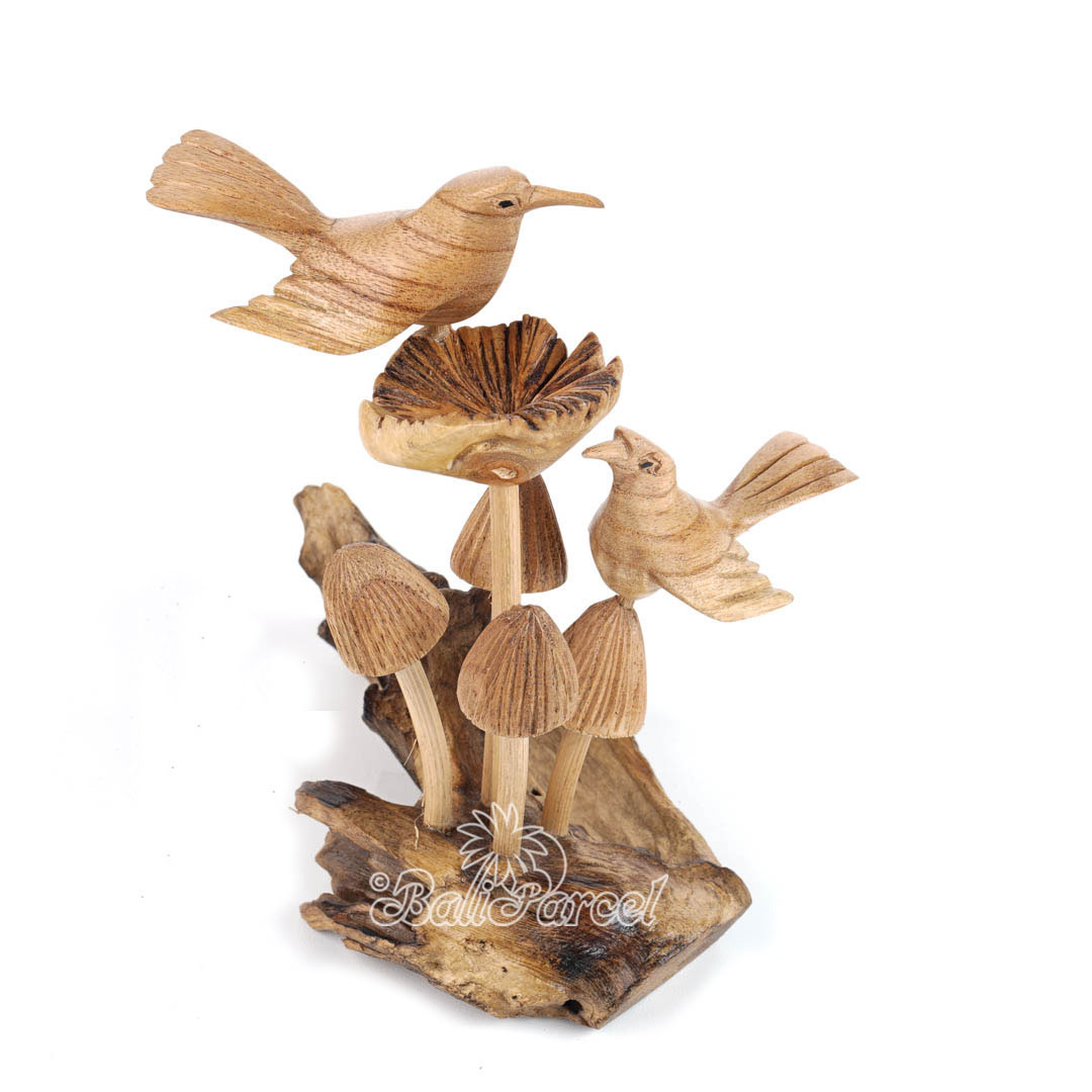 Wooden 2 Canary Bird On Top Mushroom With Parasite Wood