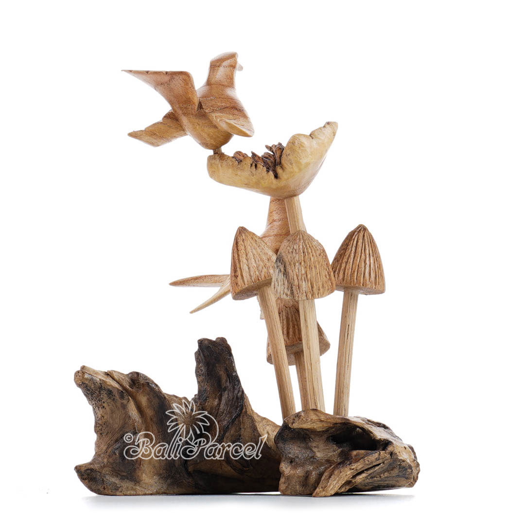 Wooden 2 Canary Bird On Top Mushroom With Parasite Wood