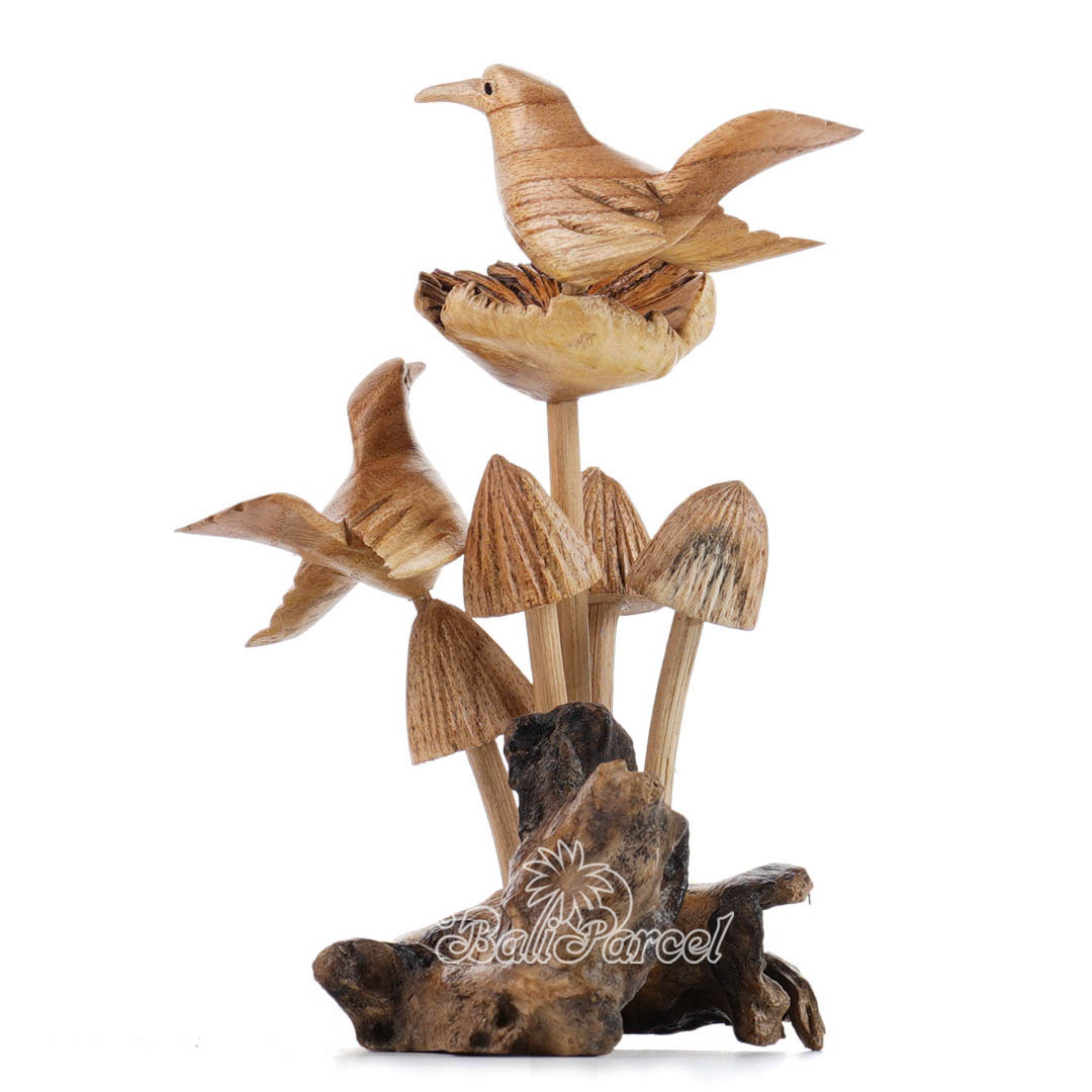 Wooden 2 Canary Bird On Top Mushroom With Parasite Wood