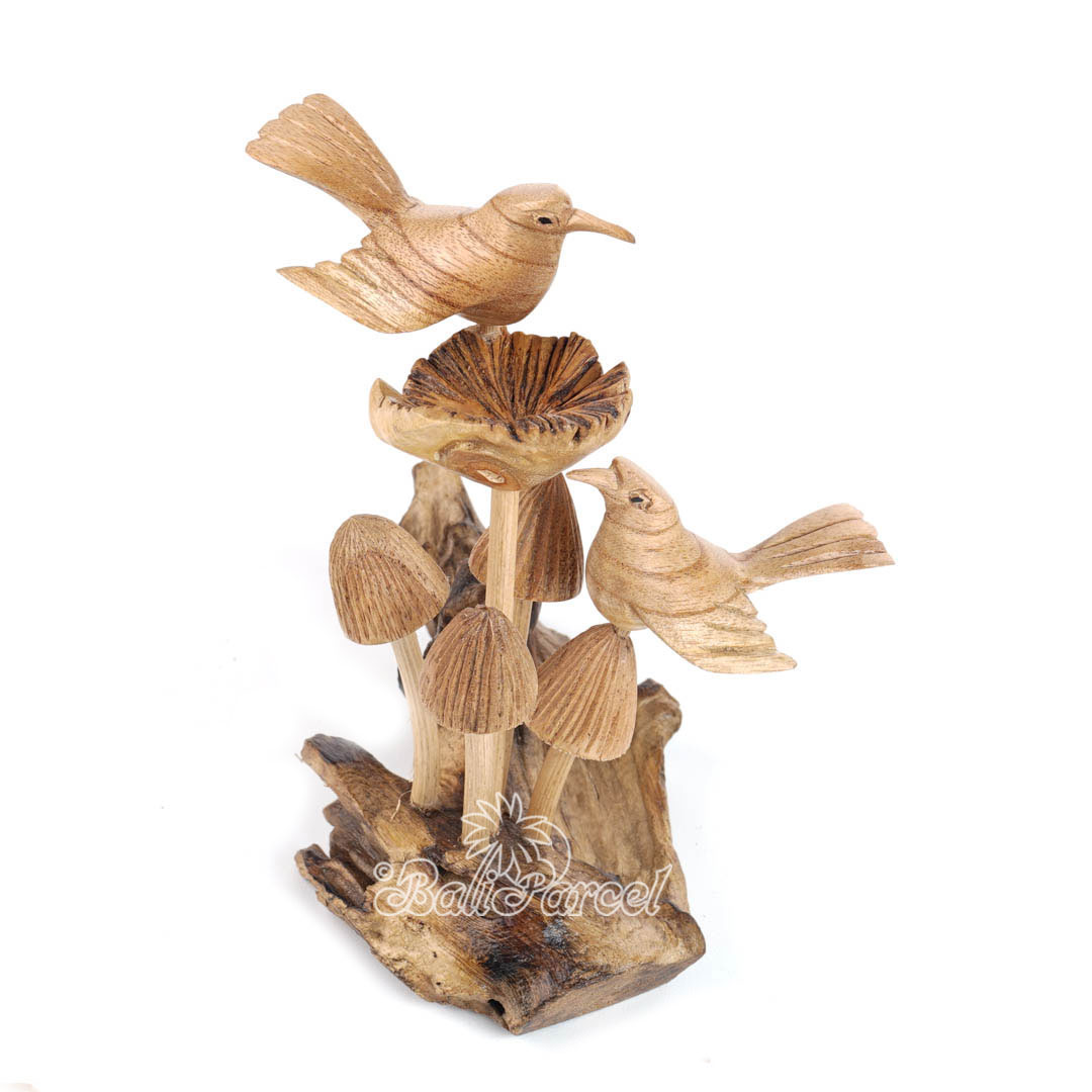 Wooden 2 Canary Bird On Top Mushroom With Parasite Wood