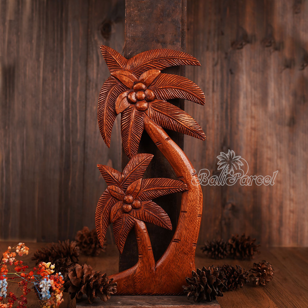 Wooden Wallhanging Coconut Tree, Handmade From Suar Wood