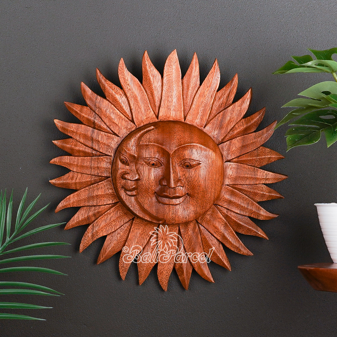 Wooden Wallhanging Sun, Handmade From Suar Wood.