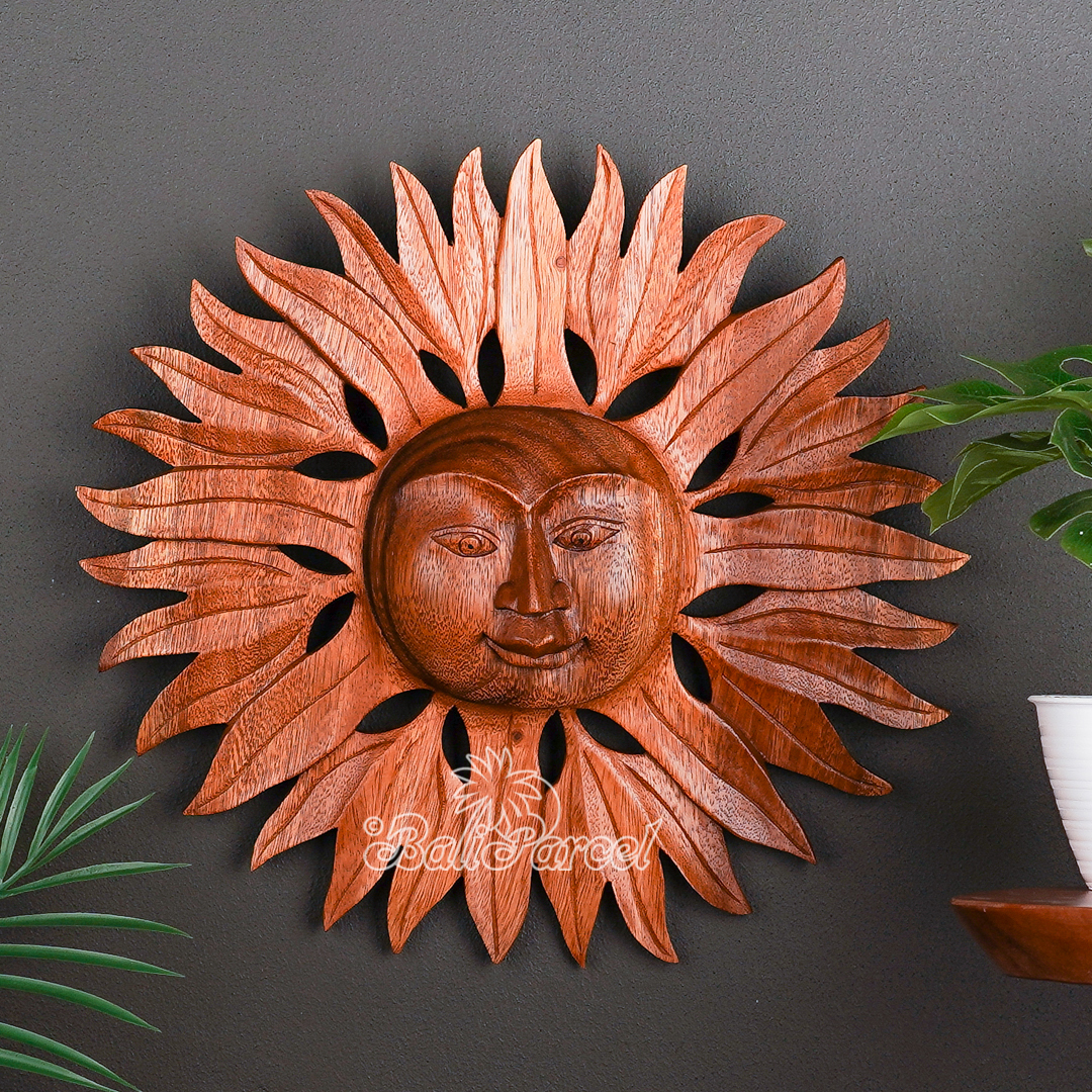 Wooden Wallhanging Sun, Handmade From Suar Wood.