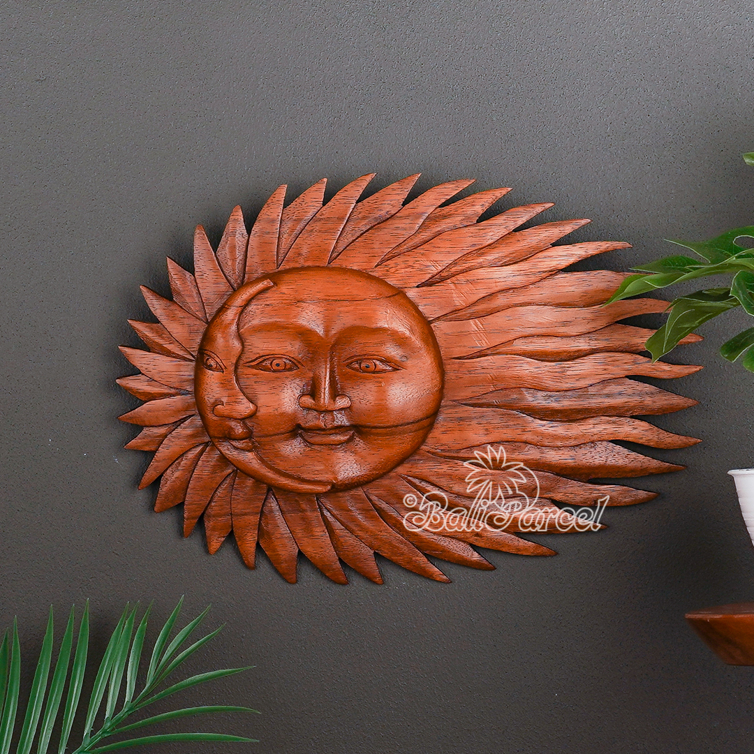Wooden Wallhanging Sun, Handmade From Suar Wood.