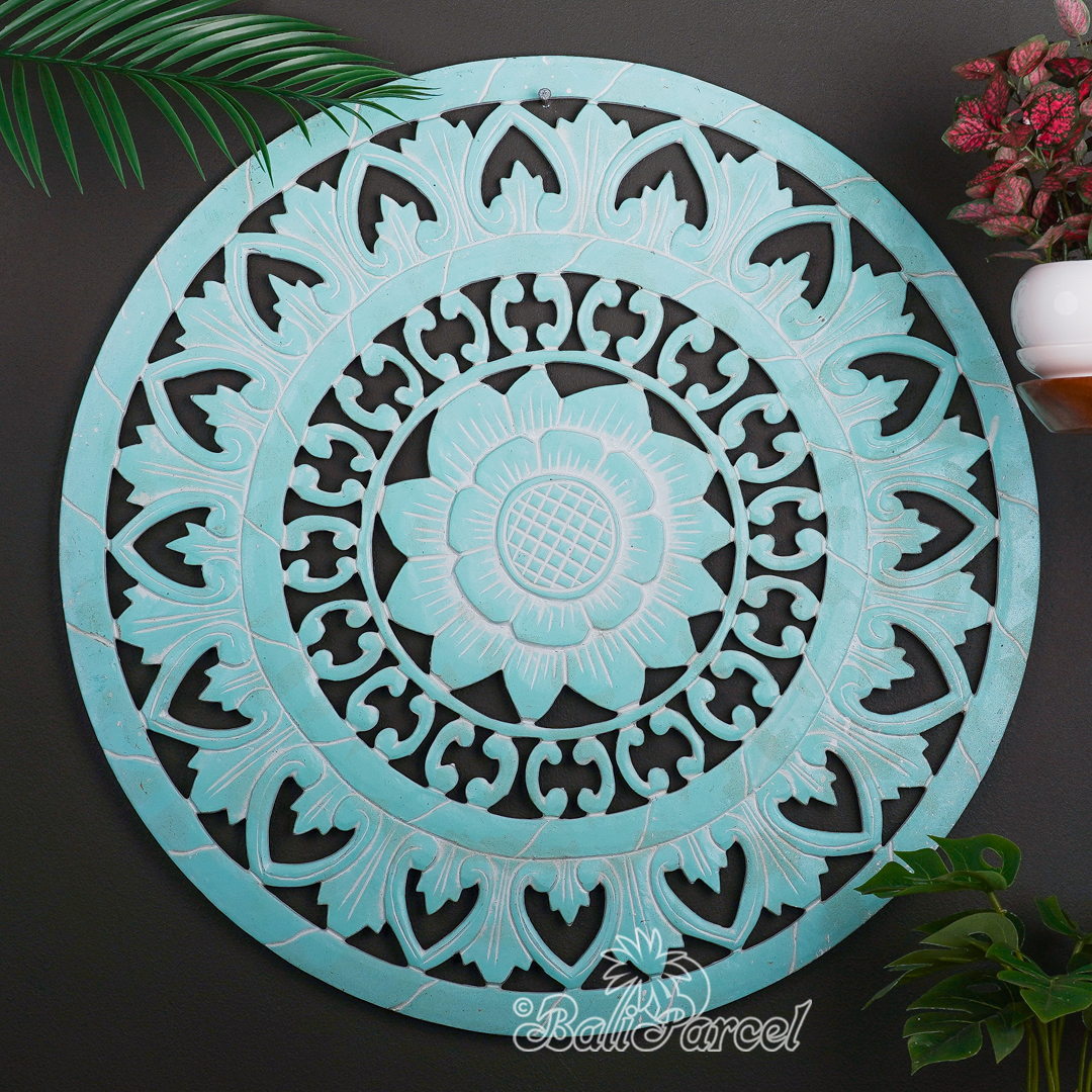 Wooden Wallhanging Sun Flower, Hand Made From Hardboard/ MDF, With Turquoise Color.