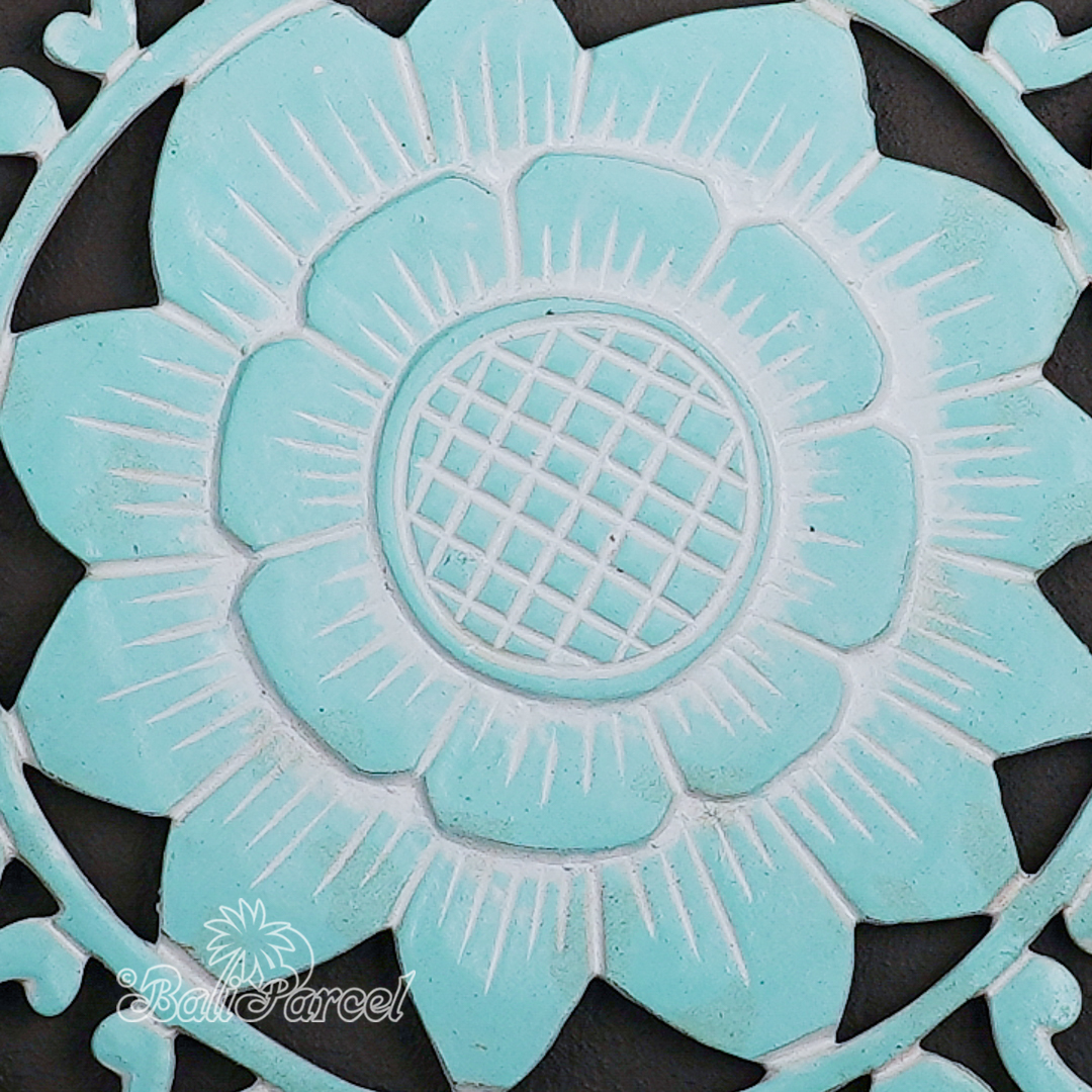 Wooden Wallhanging Sun Flower, Hand Made From Hardboard/ MDF, With Turquoise Color.