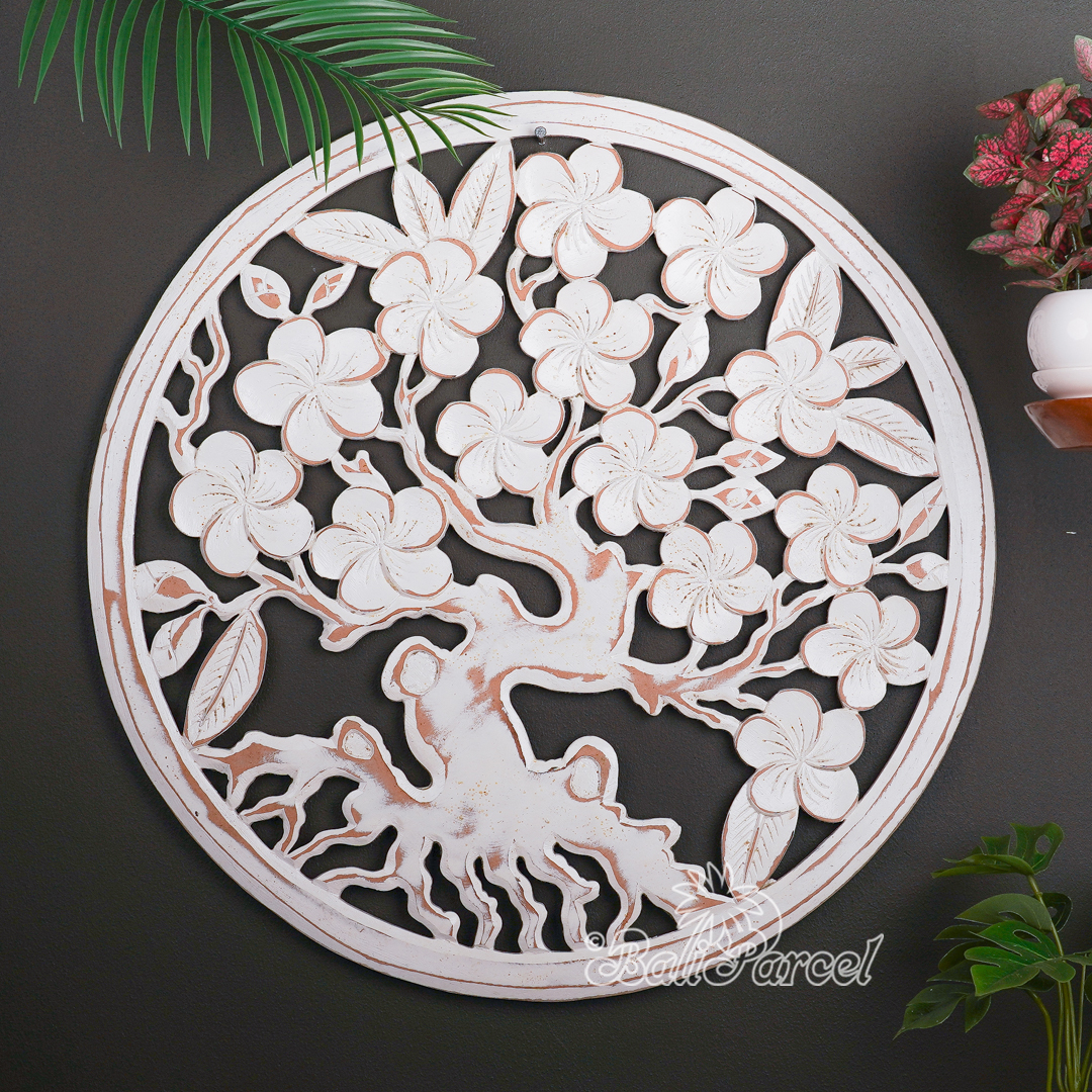 Wooden Wallhanging Frangipani Flower, Hand Made From Hardboard/ MDF, With White Wash Color.