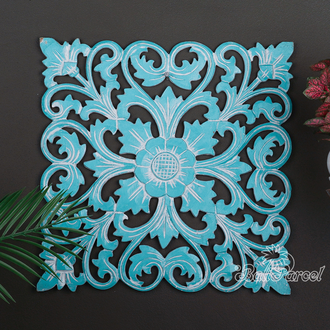 Wooden Wallhanging Sun Flower, Hand Made From Hardboard/ MDF, With Turquoise Color.