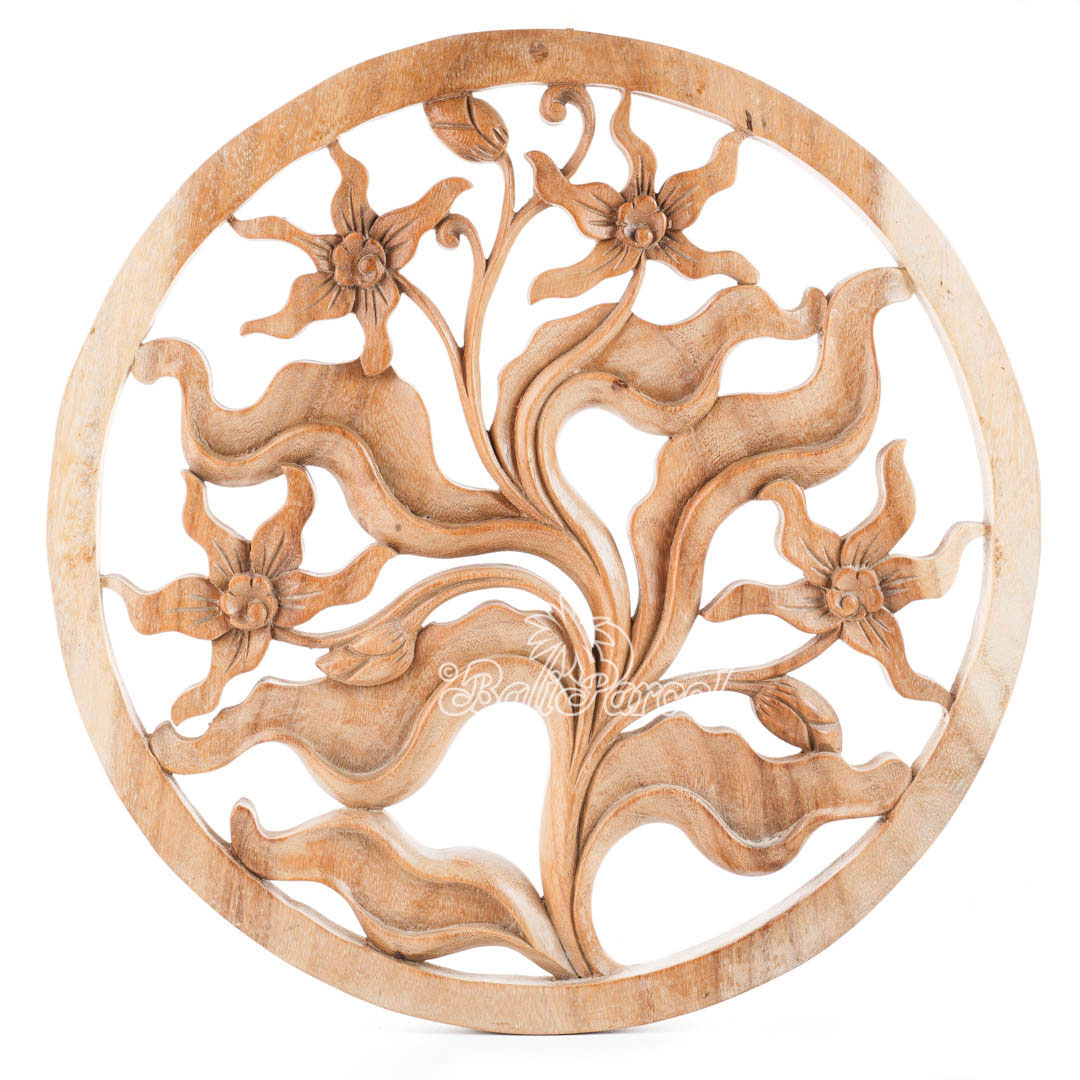 Wooden Orchid Wallhanging, Hand Carved From Suar Wood With Natural Polished
