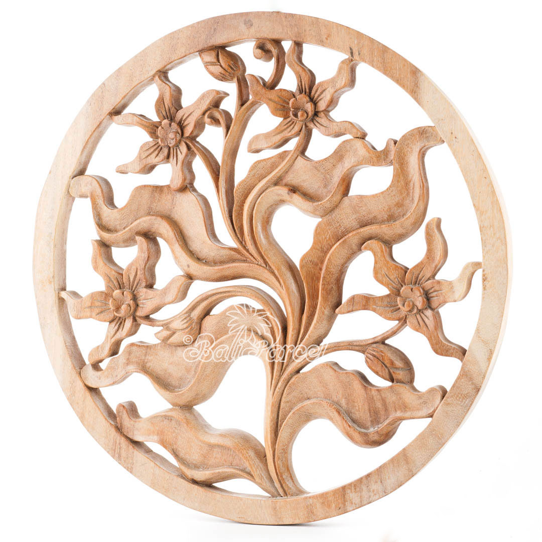 Wooden Orchid Wallhanging, Hand Carved From Suar Wood With Natural Polished