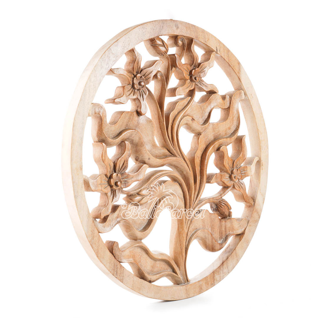 Wooden Orchid Wallhanging, Hand Carved From Suar Wood With Natural Polished