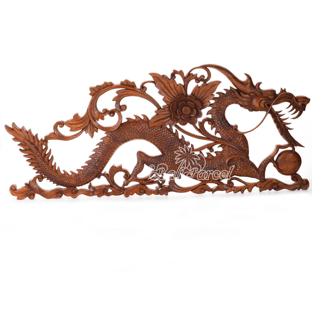 Wooden Wallhanging Dragon, Hand Made From Suar Wood With Brown Polished