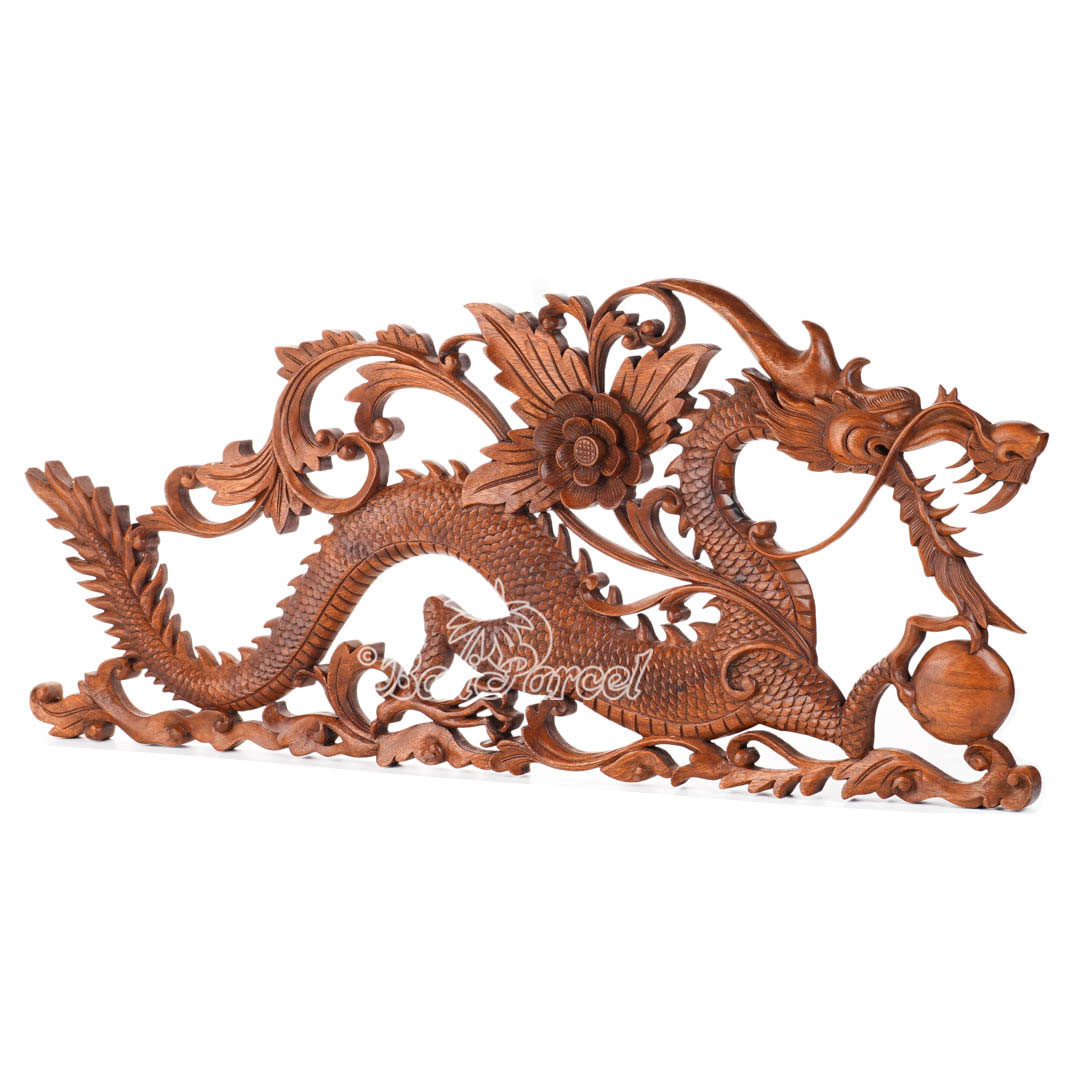 Wooden Wallhanging Dragon, Hand Made From Suar Wood With Brown Polished
