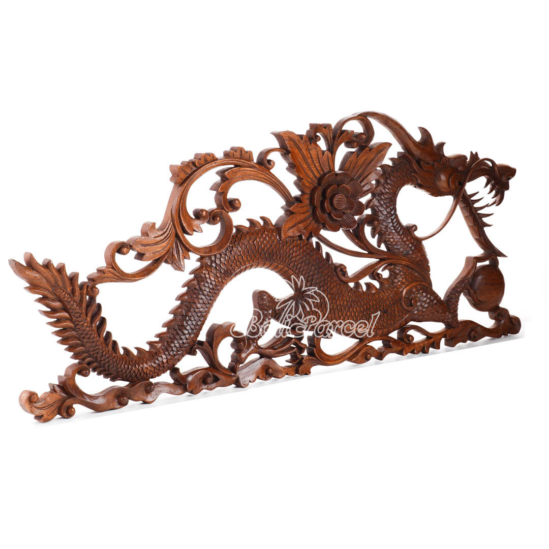 Wooden Wallhanging Dragon, Hand Made From Suar Wood With Brown Polished