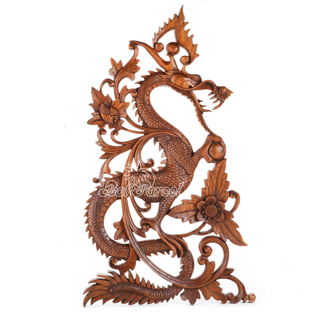 Wooden Wallhanging Dragon, Hand Made From Suar Wood With Brown Polished