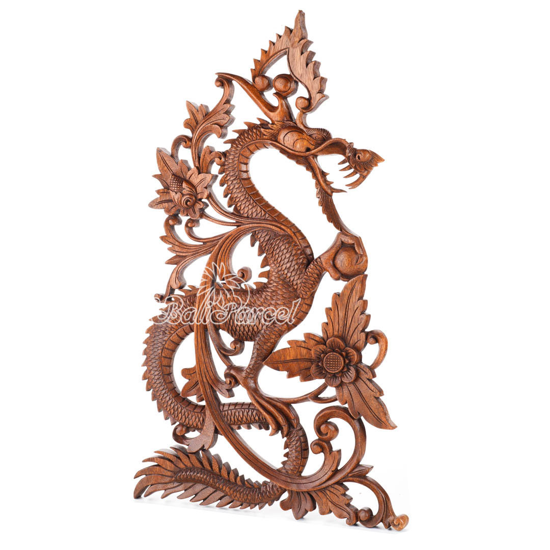 Wooden Wallhanging Dragon, Hand Made From Suar Wood With Brown Polished