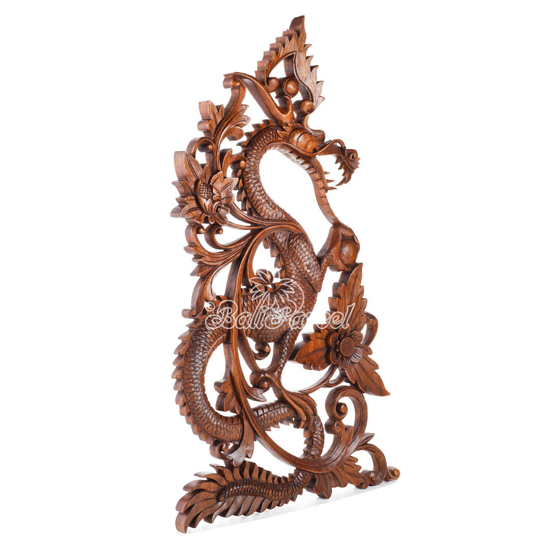 Wooden Wallhanging Dragon, Hand Made From Suar Wood With Brown Polished