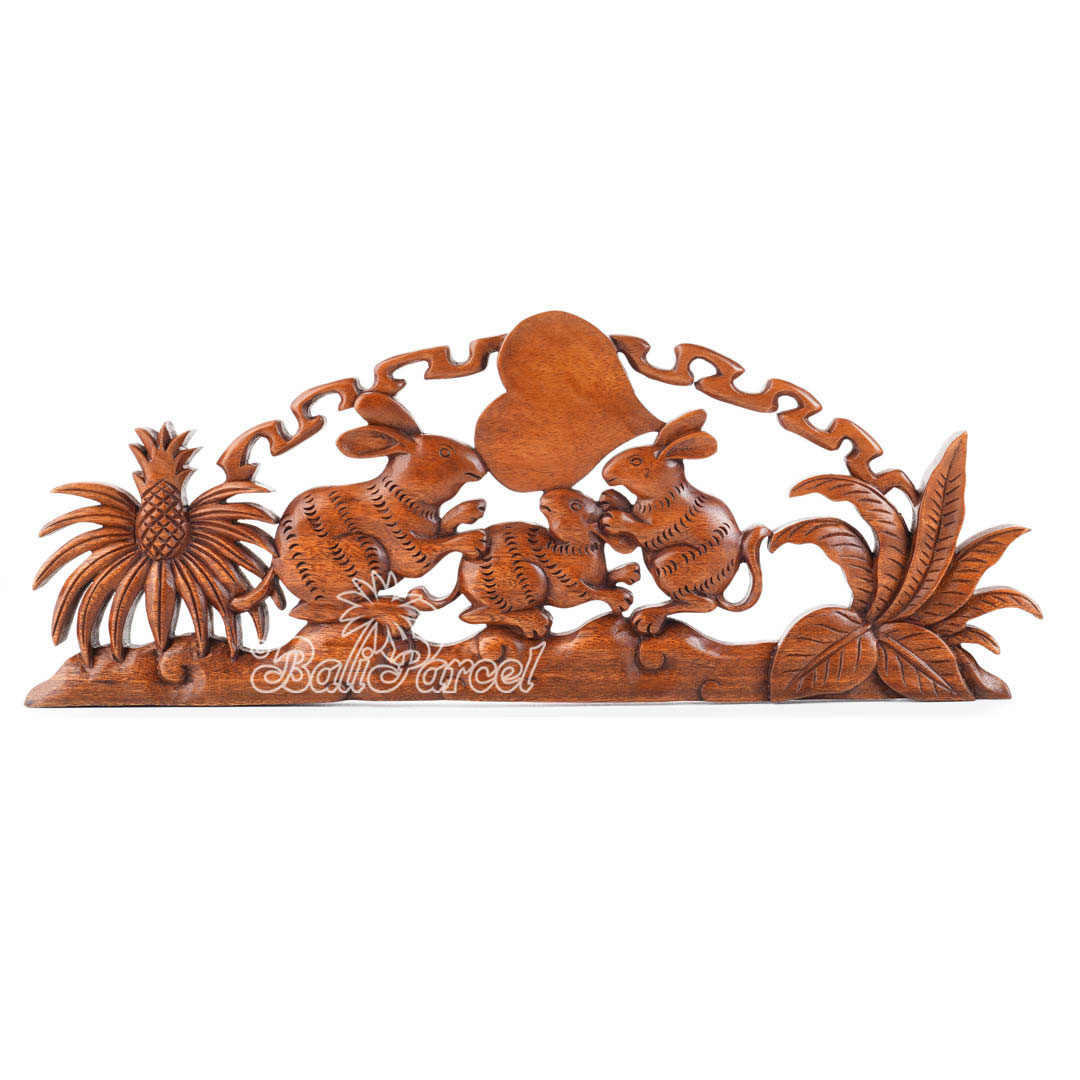 Wooden Wallhanging Rabbit, Hand Made From Suar Wood With Brown Polished