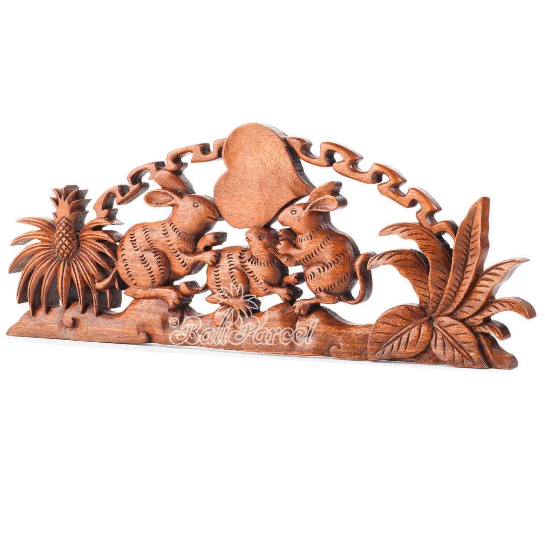 Wooden Wallhanging Rabbit, Hand Made From Suar Wood With Brown Polished