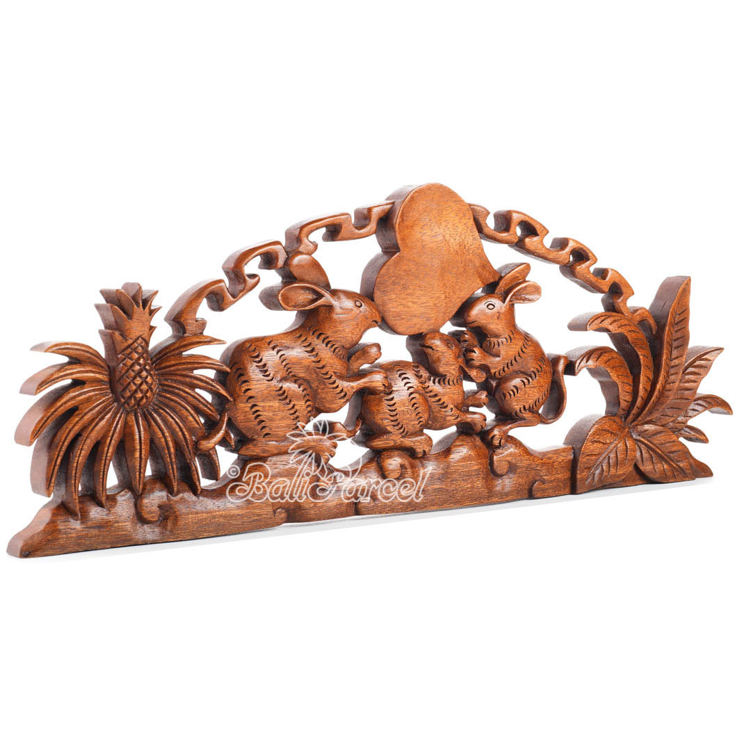 Wooden Wallhanging Rabbit, Hand Made From Suar Wood With Brown Polished