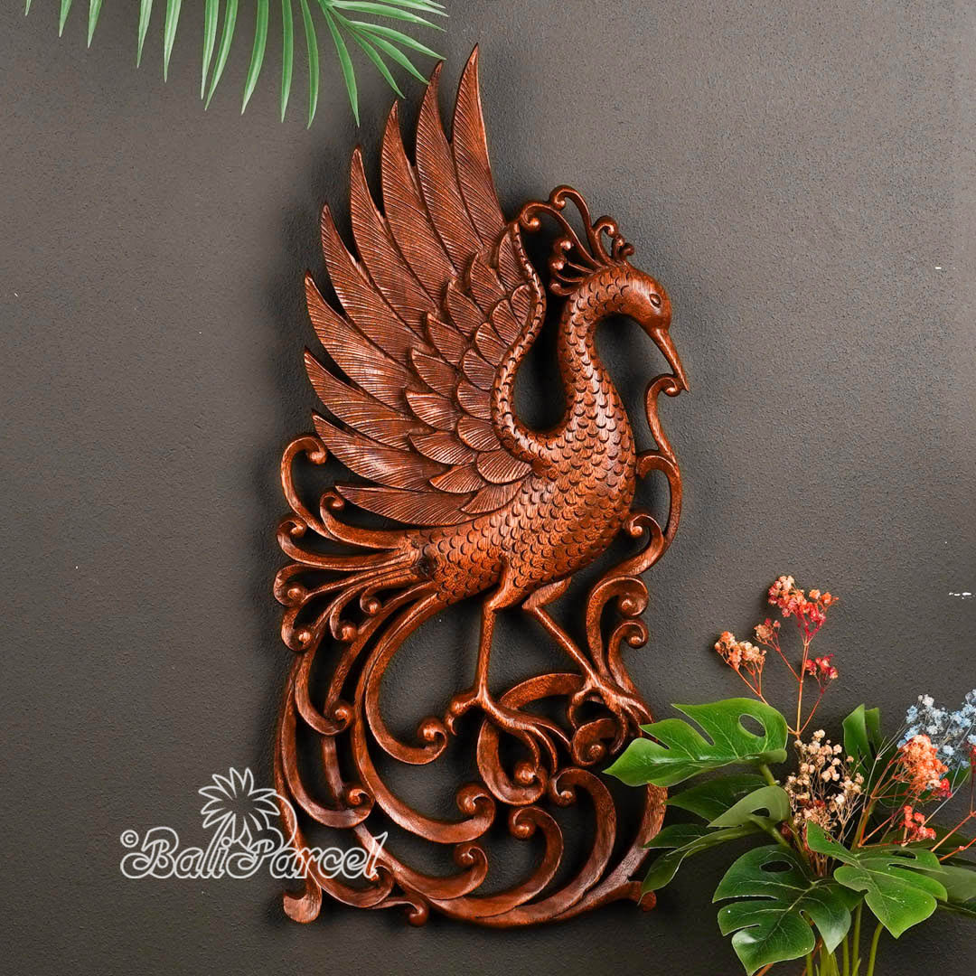 Wooden Wallhanging Peacock, Handmade From Suar Wood With  Brown Polished