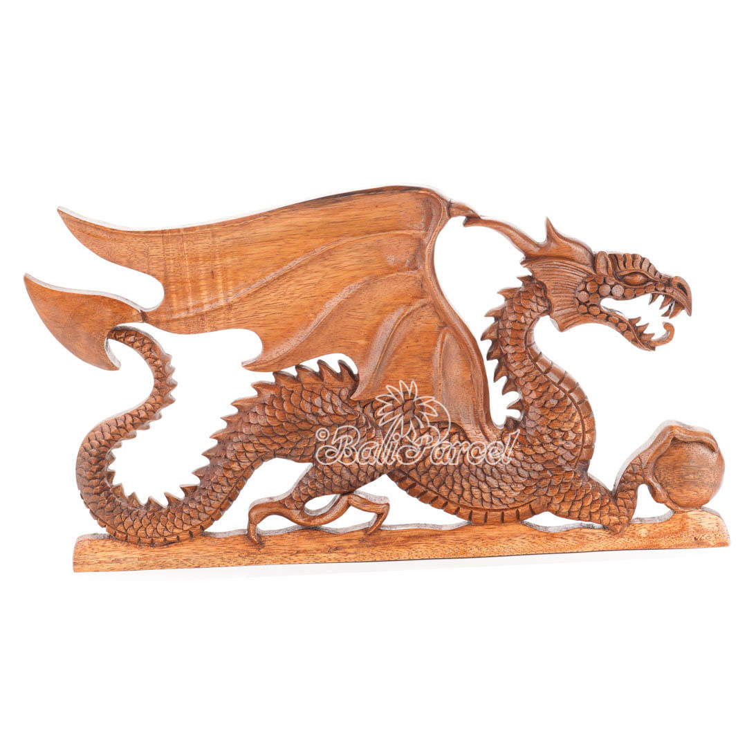 Wooden Wallhanging Dragon, Hand Made From Suar Wood With Brown Polished