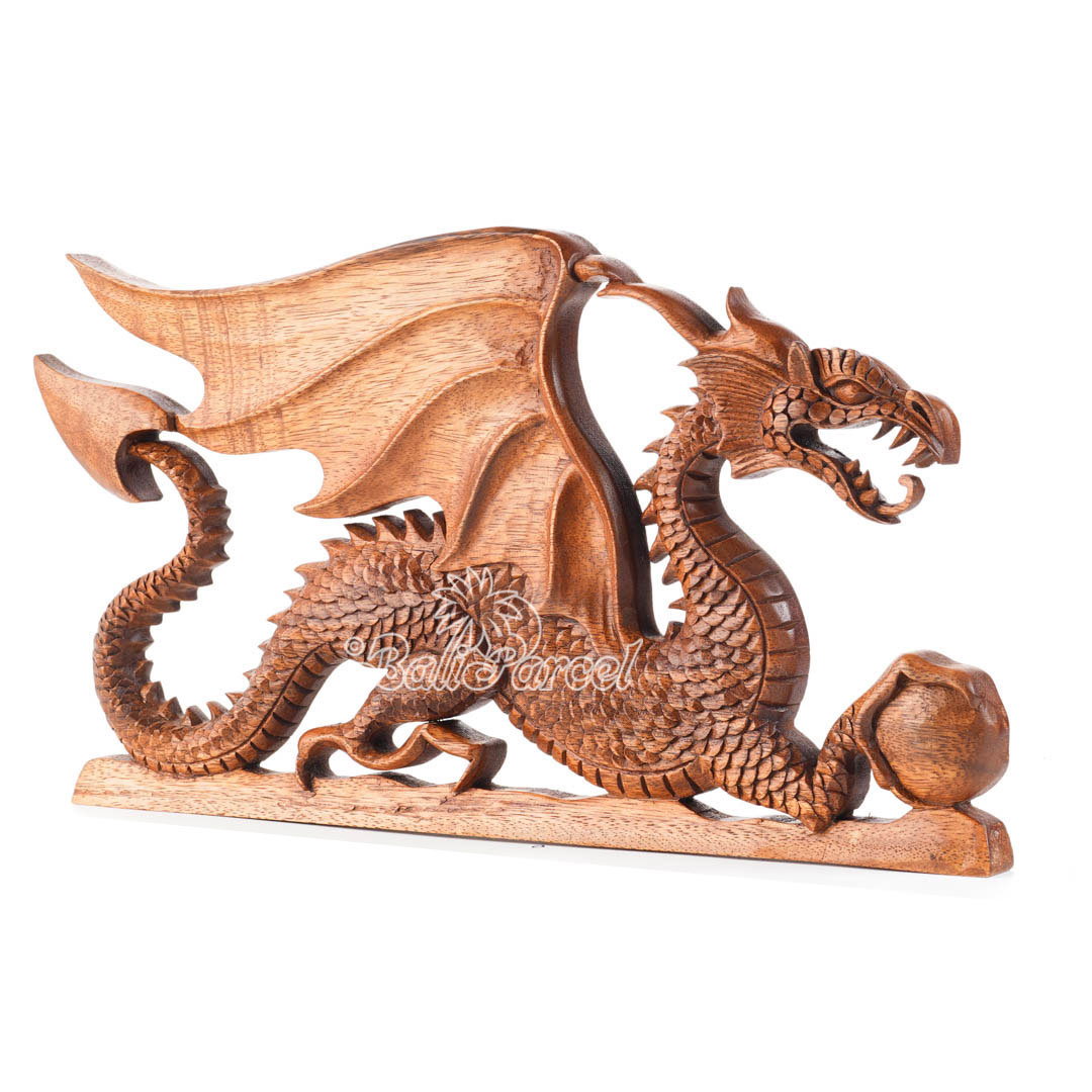 Wooden Wallhanging Dragon, Hand Made From Suar Wood With Brown Polished