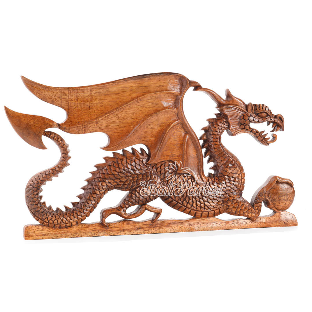 Wooden Wallhanging Dragon, Hand Made From Suar Wood With Brown Polished