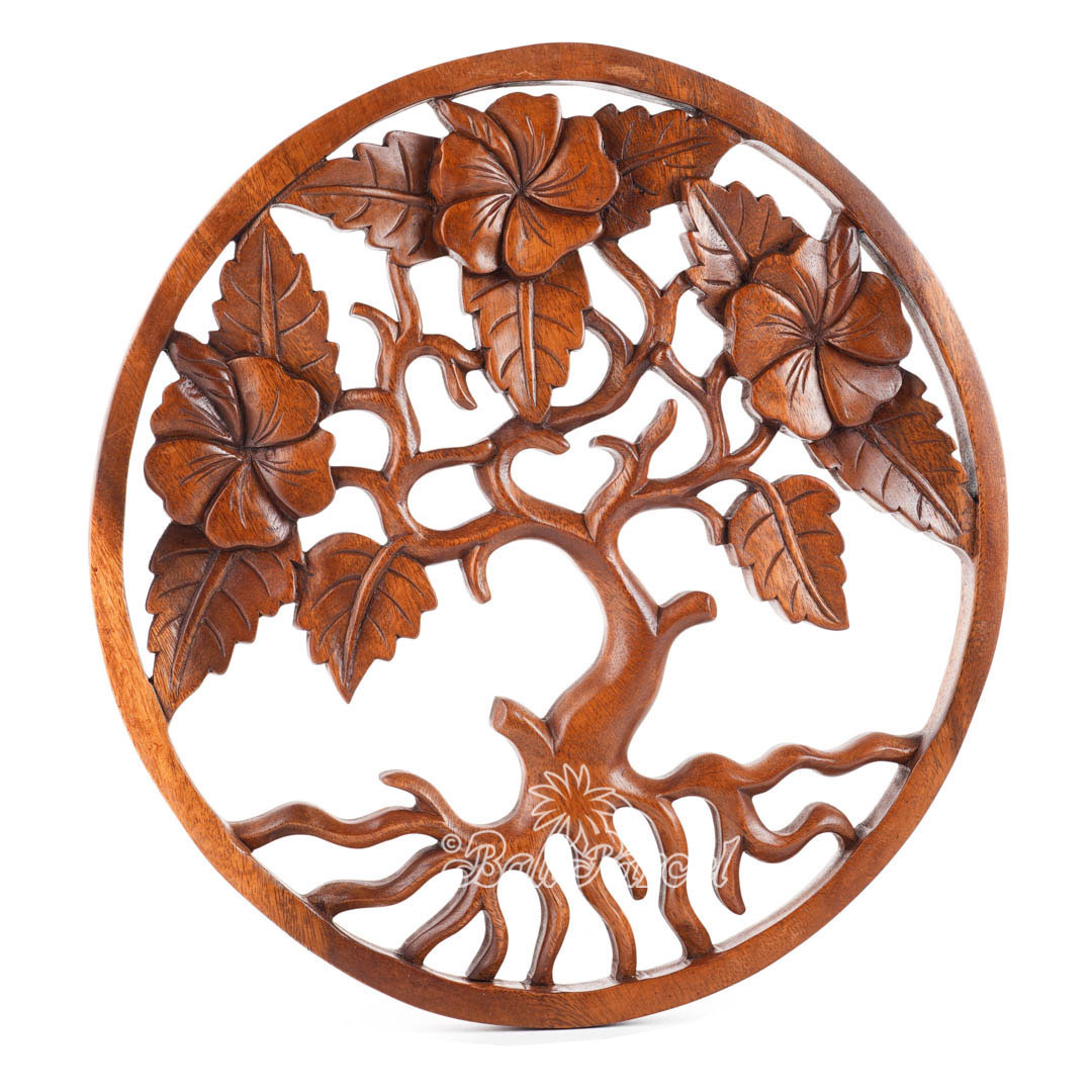 Wooden Wallhanging Hibiscus Flower, Hand Made From Suar Wood With Brown Polished