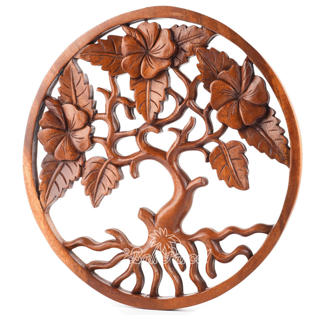 Wooden Wallhanging Hibiscus Flower, Hand Made From Suar Wood With Brown Polished