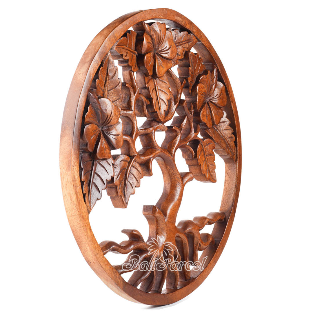 Wooden Wallhanging Hibiscus Flower, Hand Made From Suar Wood With Brown Polished