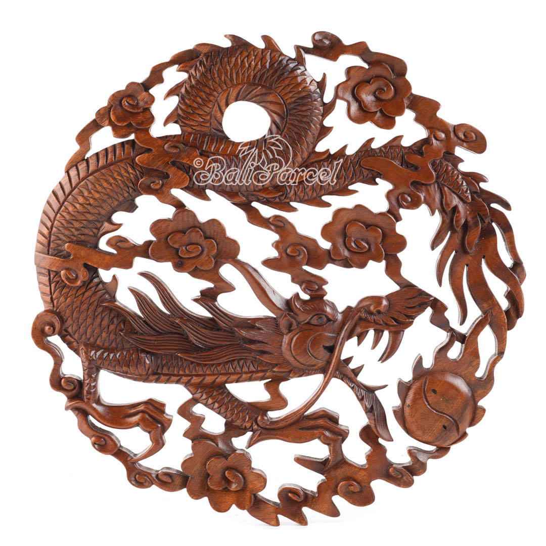 Wooden Wallhanging Dragon, Hand Made From Suar Wood With Brown Polished