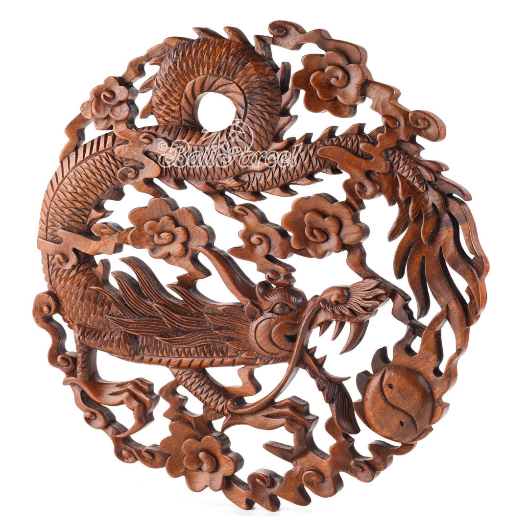 Wooden Wallhanging Dragon, Hand Made From Suar Wood With Brown Polished
