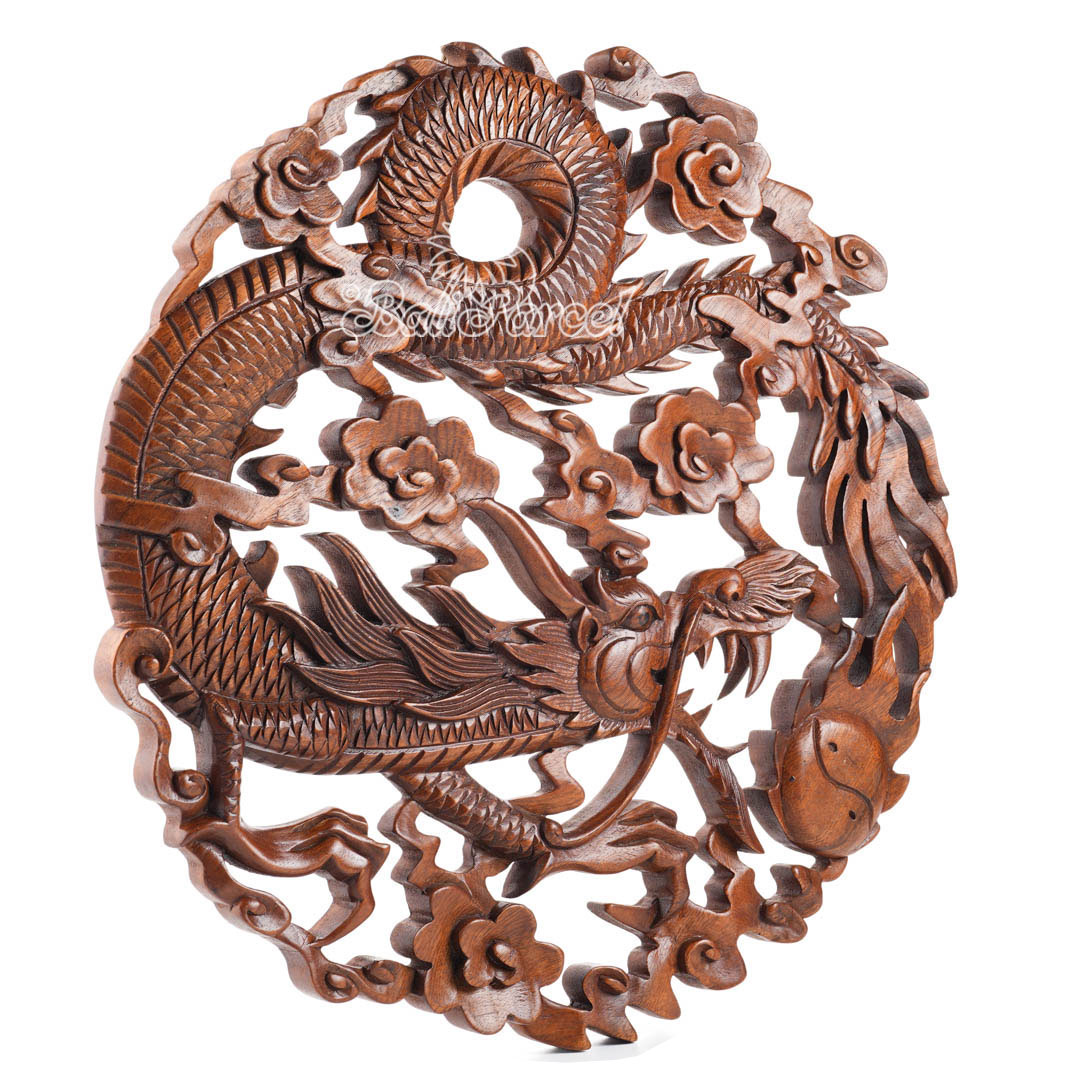 Wooden Wallhanging Dragon, Hand Made From Suar Wood With Brown Polished