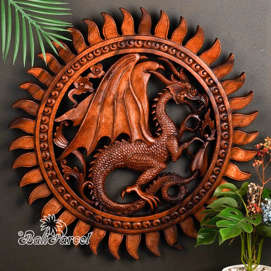 Wooden Wallhanging Dragon, Hand Made From Suar Wood With Brown Polished