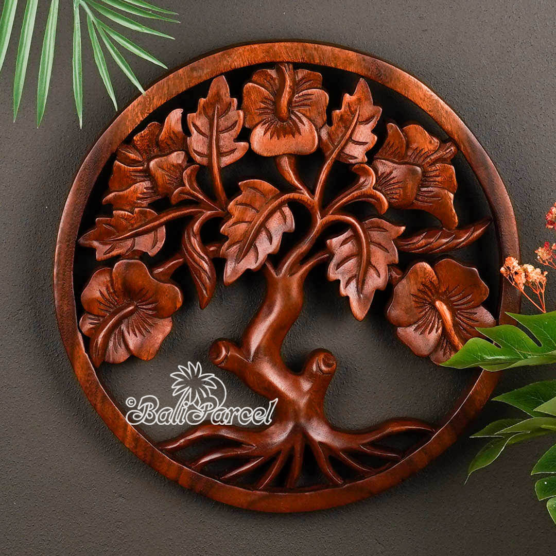 Wooden Wallhanging Hibiscus Flower, Hand Made From Suar Wood With Brown Polished