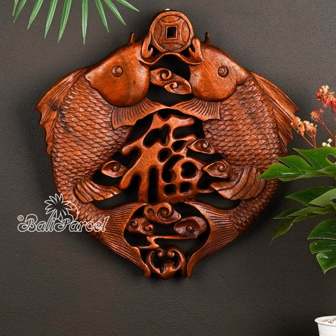 Wooden Wallhanging With 2 Fish, Hand Made From Suar Wood With Brown Polished