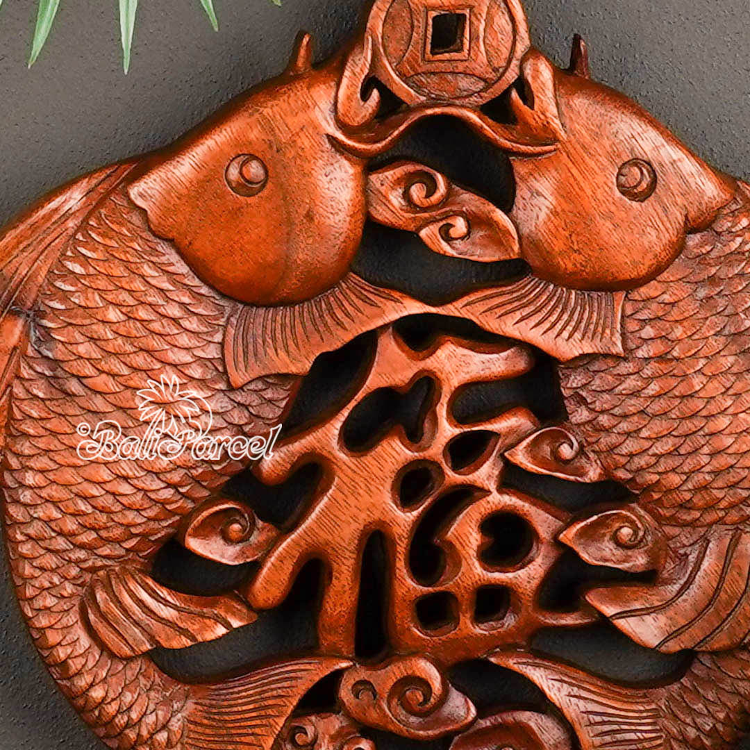 Wooden Wallhanging With 2 Fish, Hand Made From Suar Wood With Brown Polished