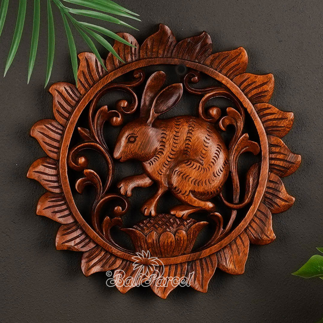 Wooden Wallhanging Rabbit, Hand Made From Suar Wood With Brown Polished