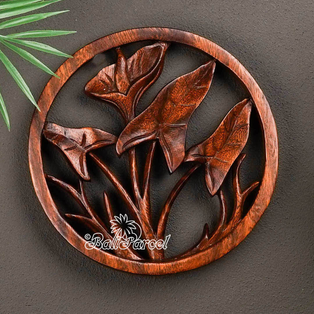 Wooden Wallhanging Leaf With Flower, Hand Made From Suar Wood With Brown Polished