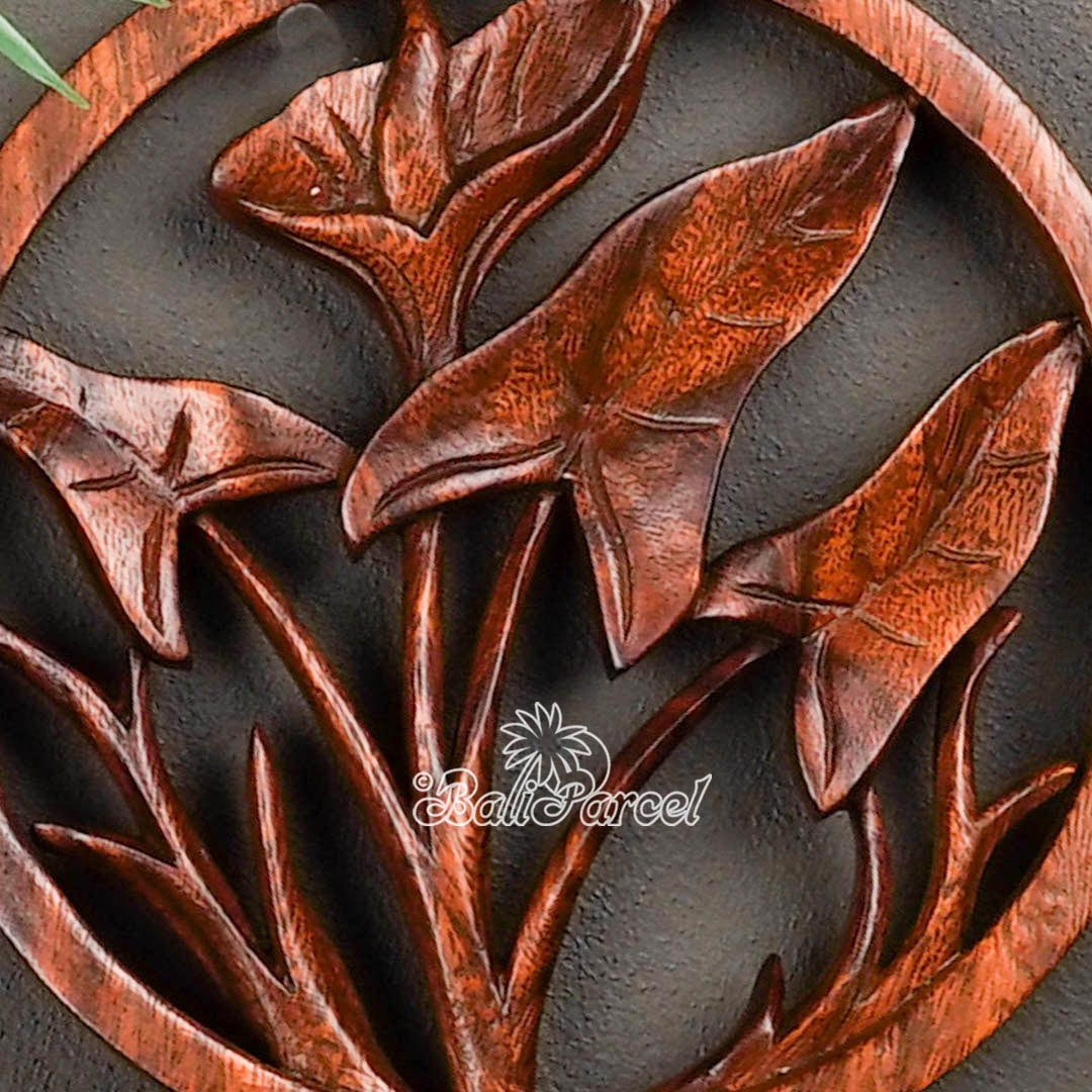 Wooden Wallhanging Leaf With Flower, Hand Made From Suar Wood With Brown Polished
