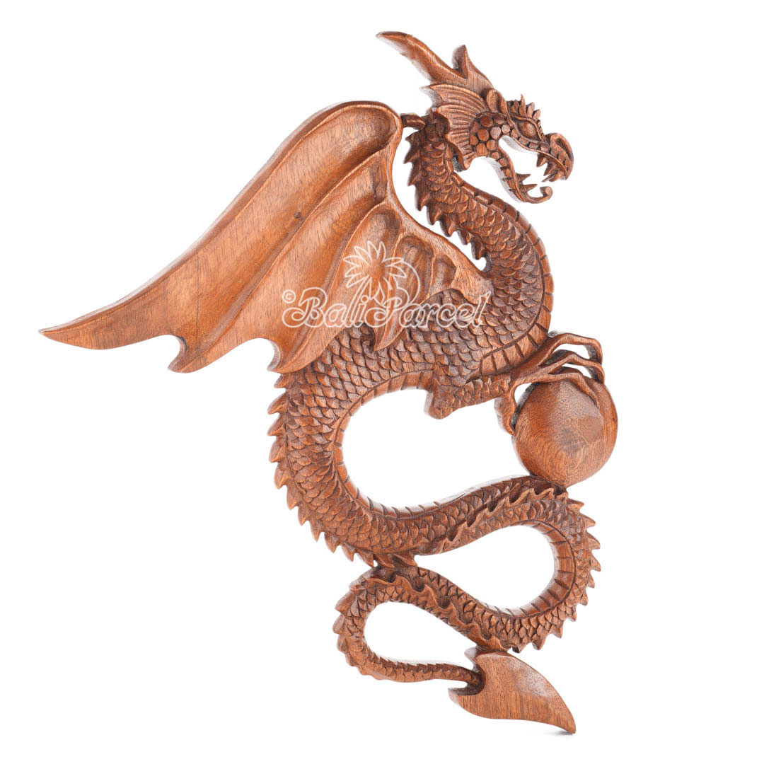 Wooden Wallhanging Dragon, Hand Made From Suar Wood With Brown Polished