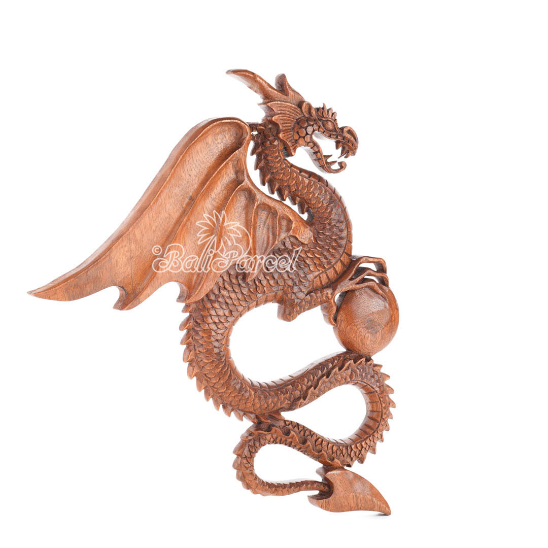 Wooden Wallhanging Dragon, Hand Made From Suar Wood With Brown Polished