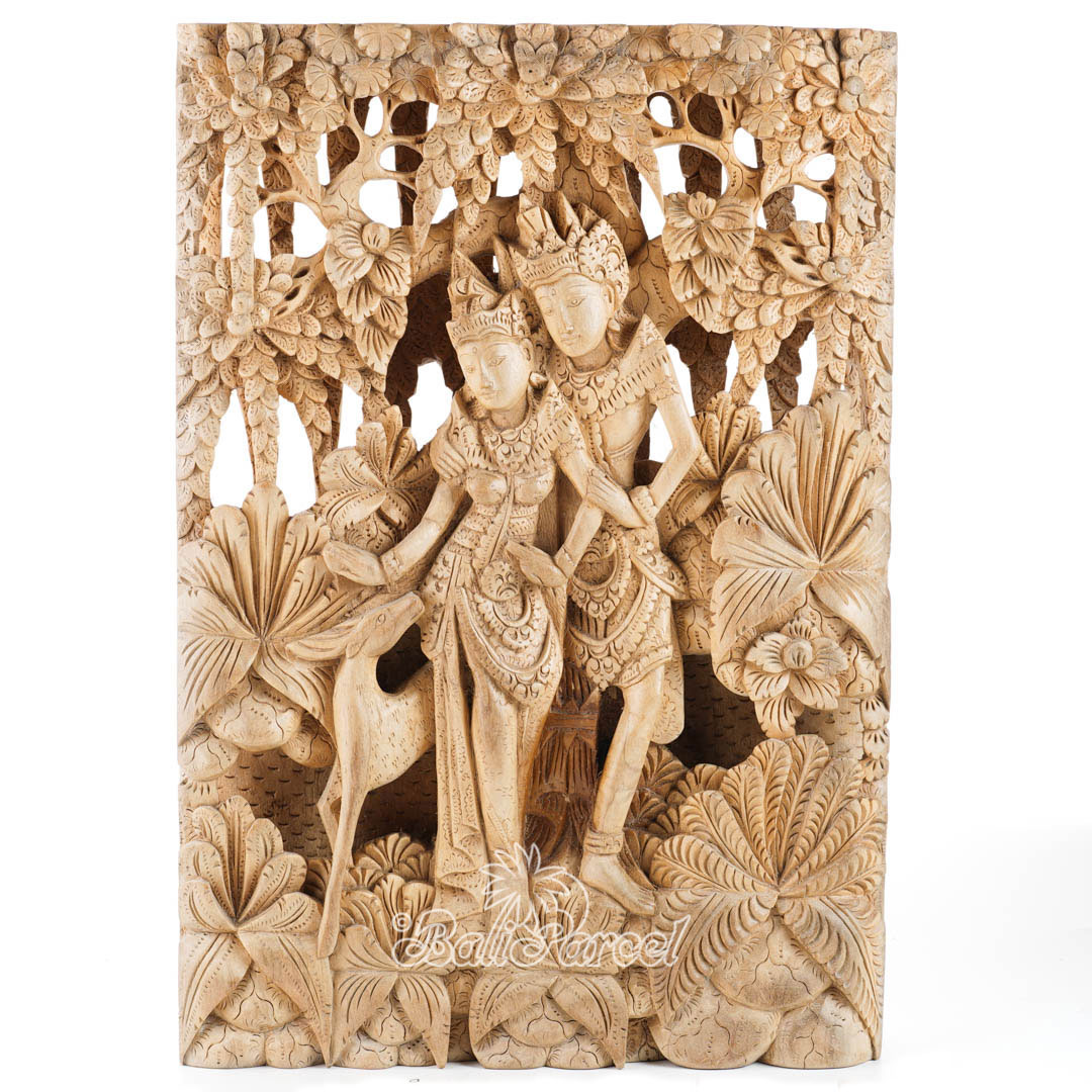 Wooden Wallhanging Rama And Shita, Hand Carved From Suar Wood With Natural Polished