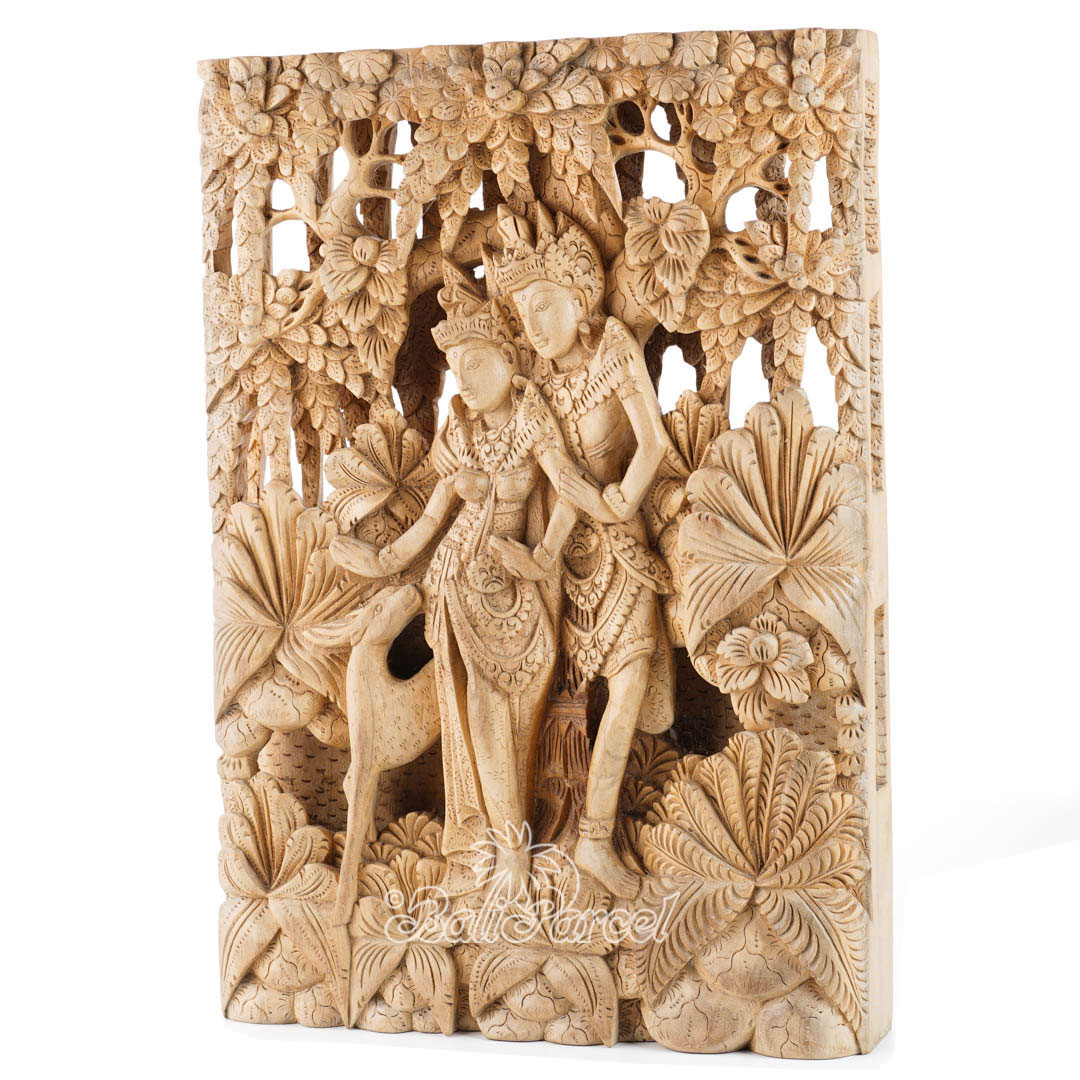 Wooden Wallhanging Rama And Shita, Hand Carved From Suar Wood With Natural Polished